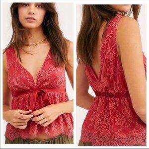 Free People Chante Frenchie Kiss Lace Sleeveless Tie Top Size XS Coral NWT